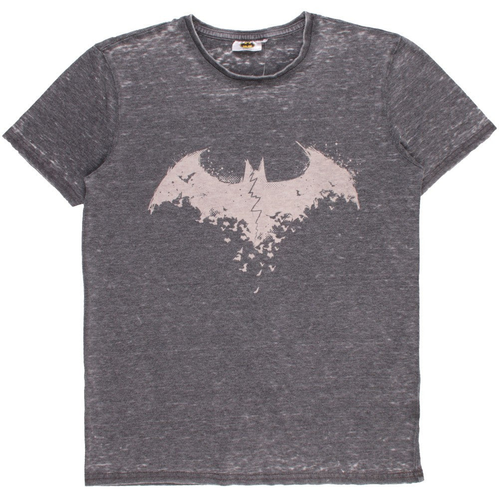 Men's gray crewneck T-shirt with large distressed bat logo print
