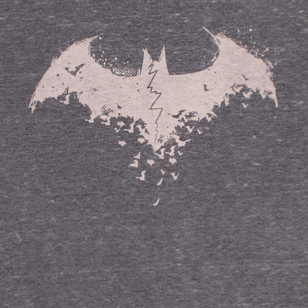 Gray T-shirt close-up of distressed bat graphic on chest