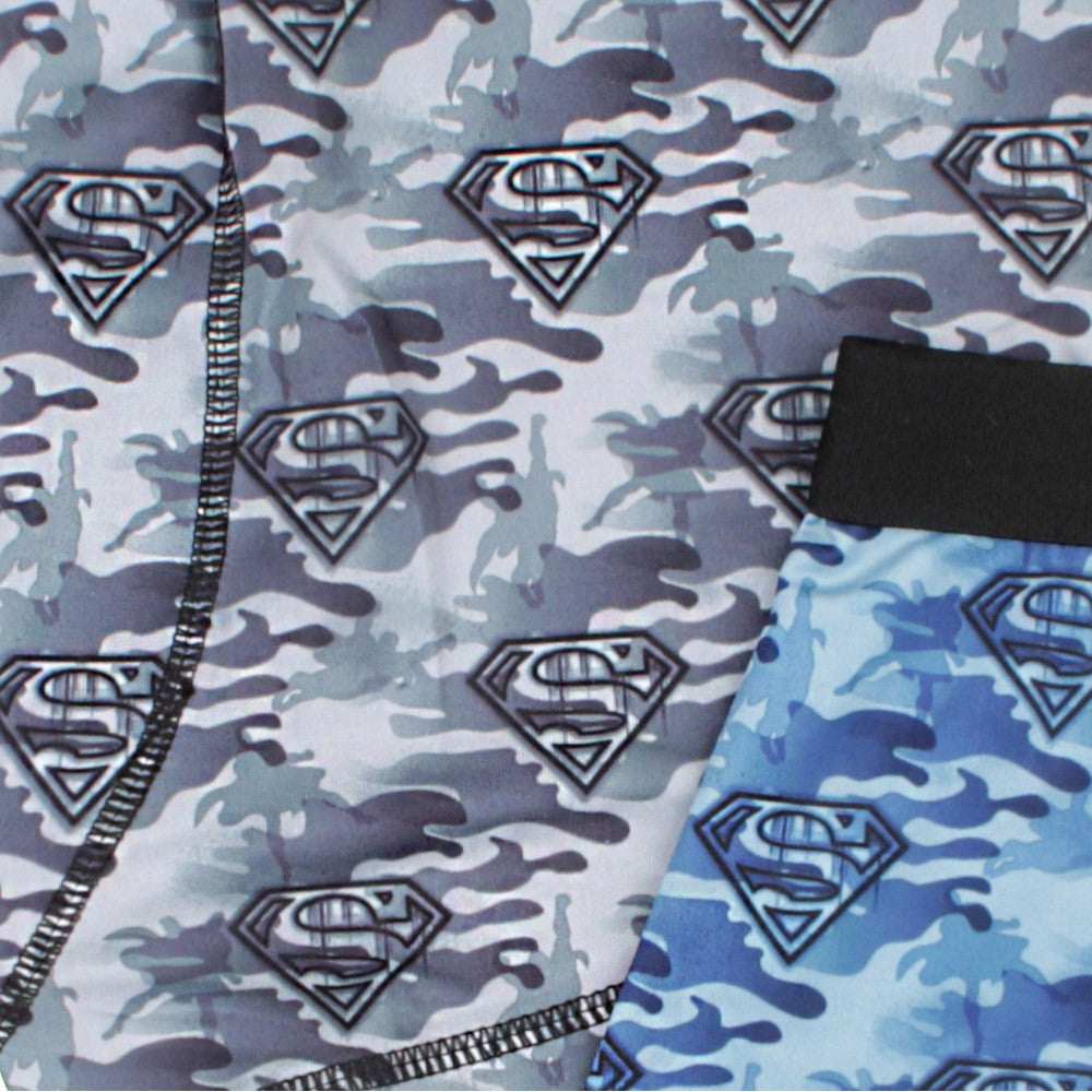 Camouflage boxer briefs with Superman logos, gray and blue pattern with elastic waistband.