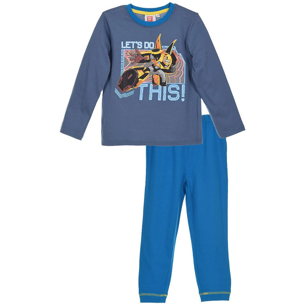 Steel blue long-sleeve pajama top with Transformers graphic and matching blue pants