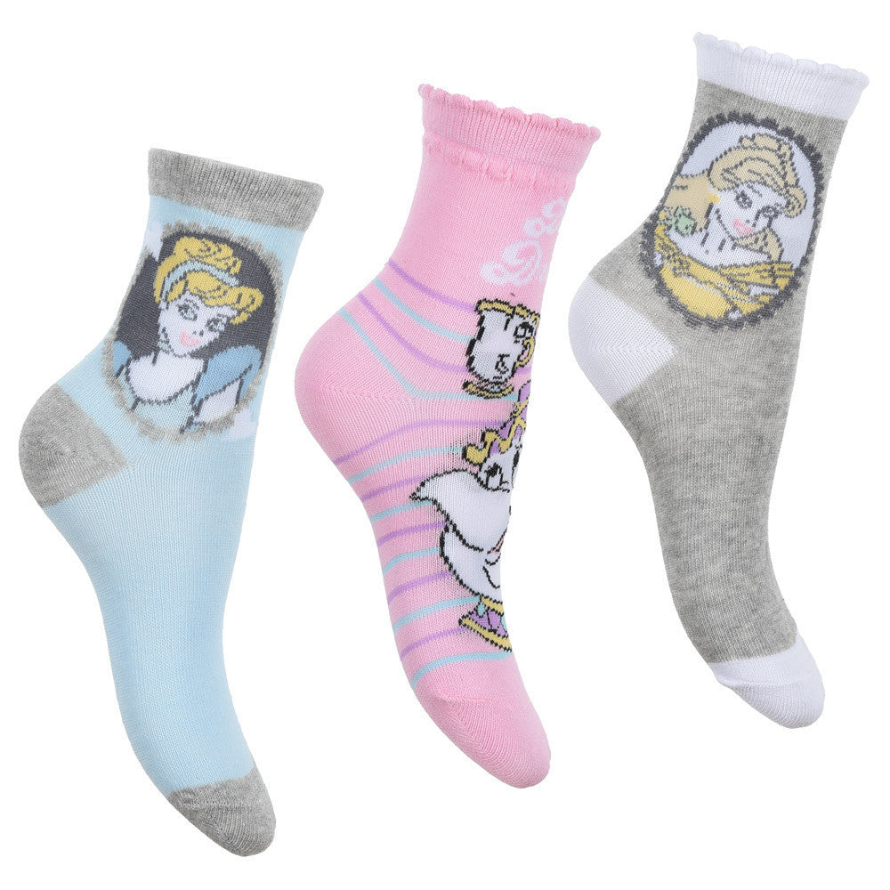 Princess socks set: light blue, pink, and gray crew socks with cartoon princess designs