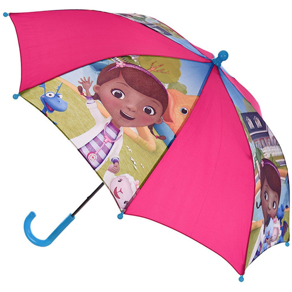 Kids' pink umbrella with cartoon character panels and blue tips, open