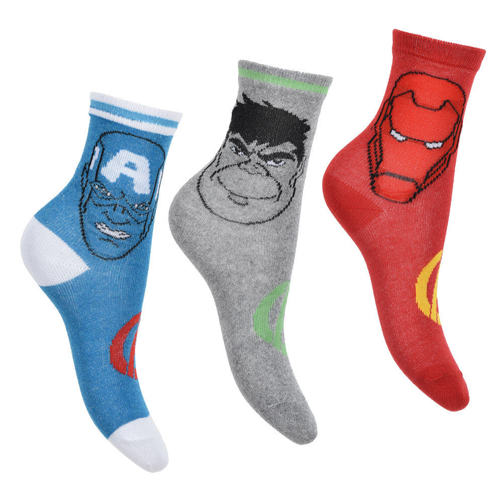 Three-pack Avengers crew socks with character faces: blue, gray, and red
