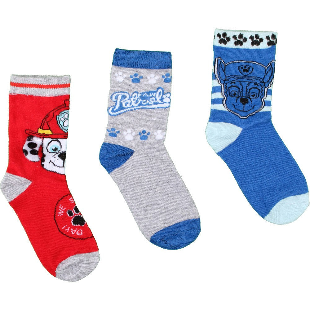 Kids character crew sock set: red, gray, blue dog face and paw print socks