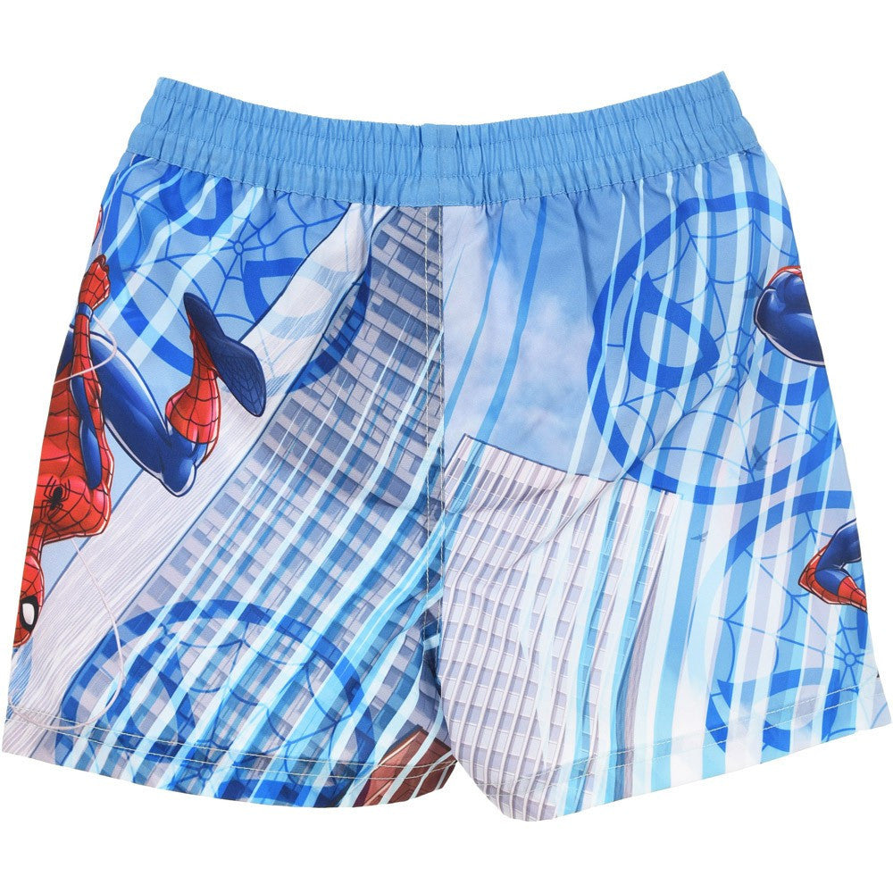 Spider-Man swimming trunks, elastic waistband, blue plaid with character graphics allover