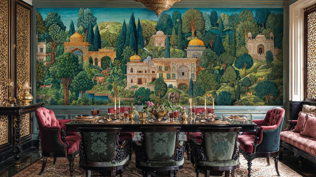 Wall mural showing ornate palace complex surrounded by lush green trees and towers