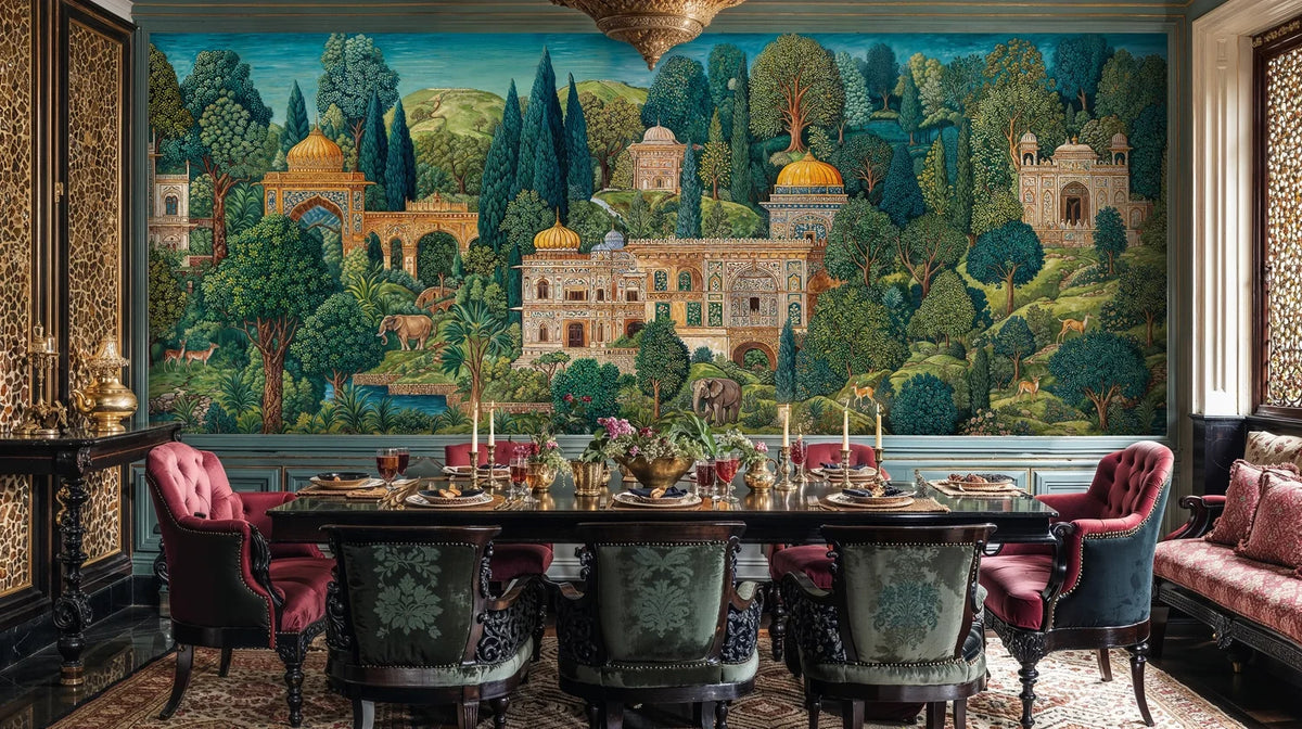 Wall mural showing ornate palace complex surrounded by lush green trees and towers