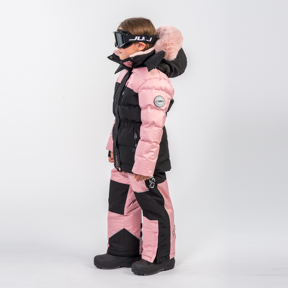 Blush and black kids snowsuit jacket and snowpants with fur-trim hood and winter boots