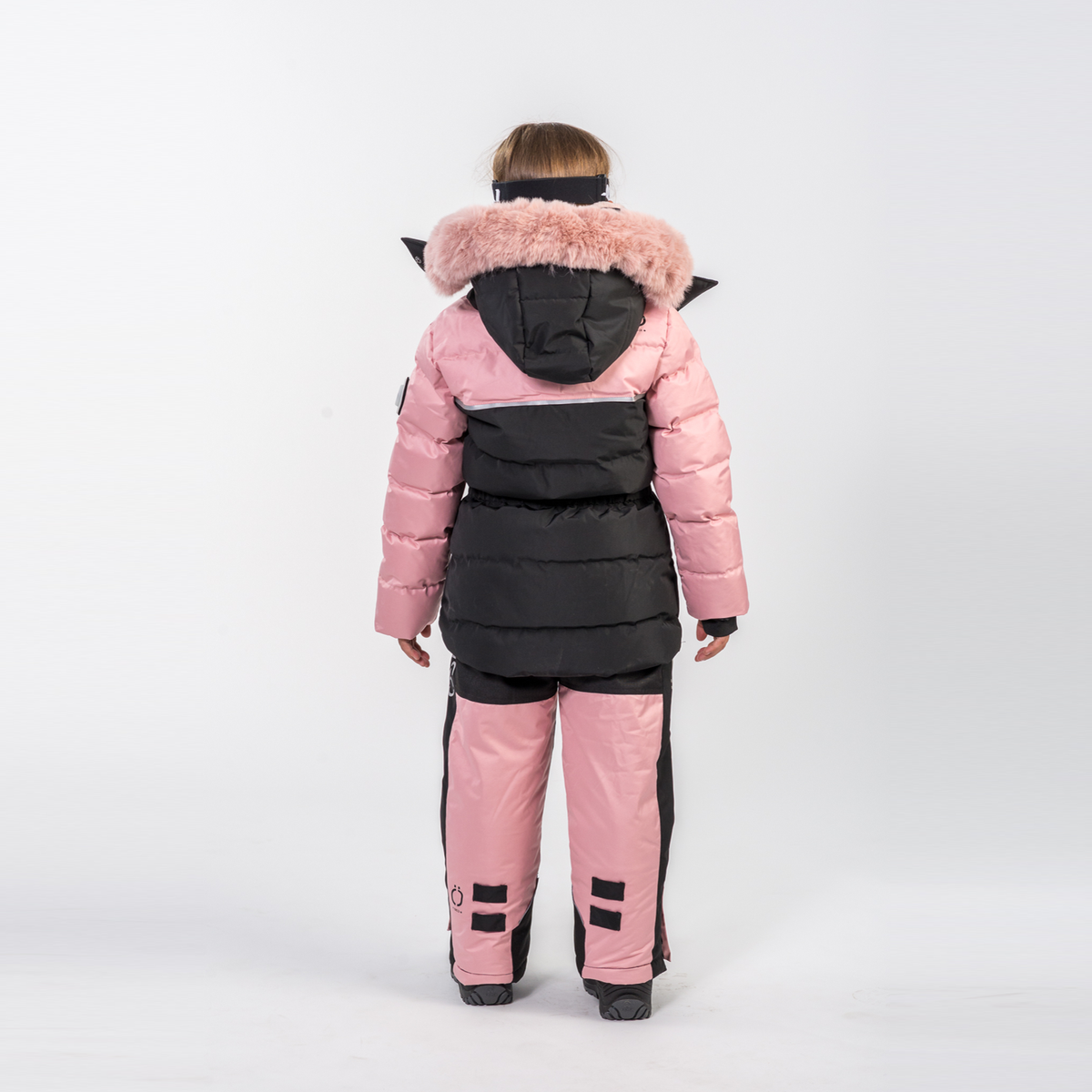 Blush and black kids snowsuit with faux-fur hood, back jacket, and snowpants