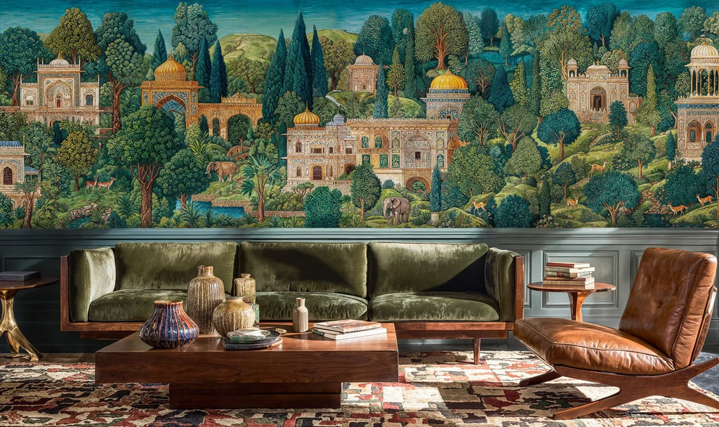 Wall mural scenic view of palaces, domes, and pine-like trees across a valley