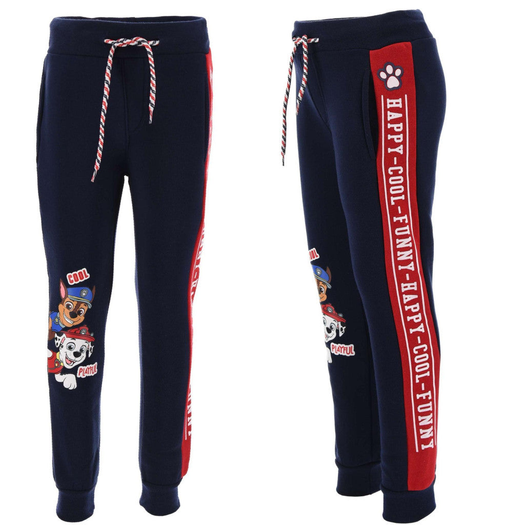 Kids navy Paw Patrol jogging pants, red vertical logo stripe and drawstring