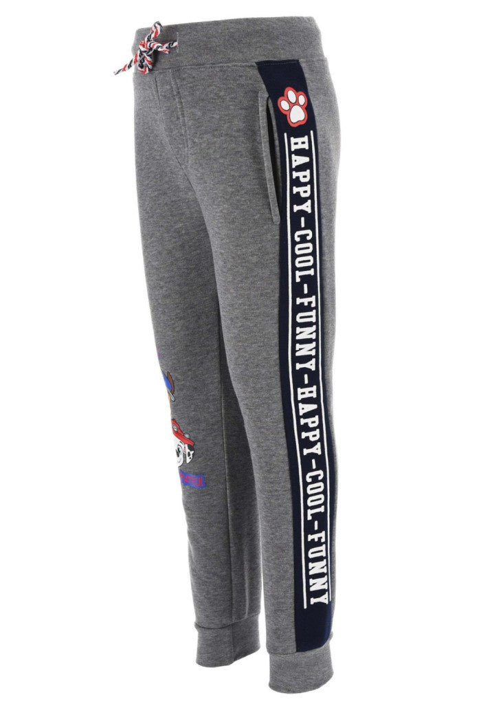 Gray jogging pants with navy side stripe and vertical text graphic, paw logo