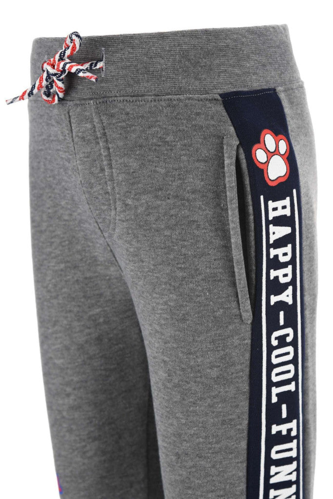 Gray sweatpants with navy logo patch and vertical text detail along the side