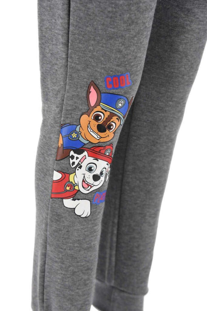 Gray jogging pants with large Paw Patrol character graphic and 'cool' text
