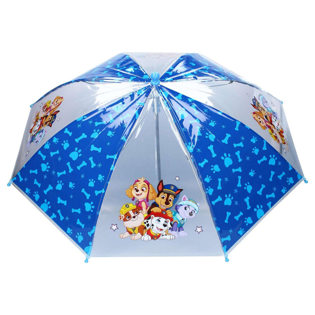 Kids Paw Patrol umbrella, open blue-and-white canopy with character group