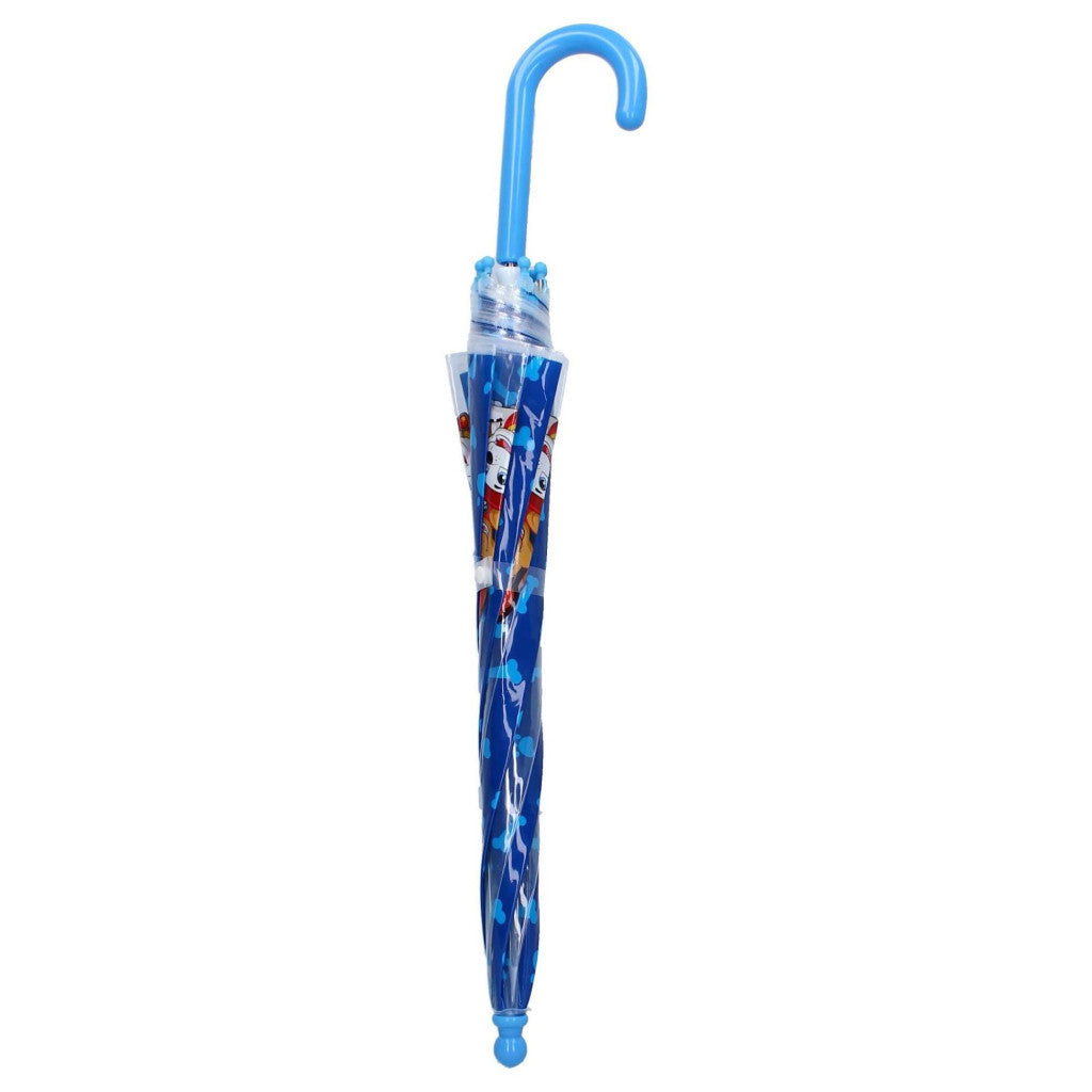 Kids Paw Patrol umbrella with transparent cover and bright blue hook handle