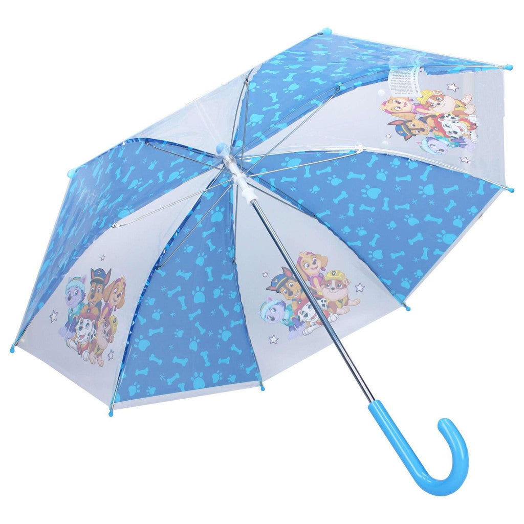 Kids Paw Patrol umbrella, open blue canopy with character art and long blue handle