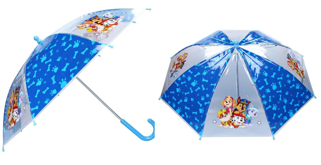 Kids Paw Patrol umbrella, blue canopy with character graphics and curved handle