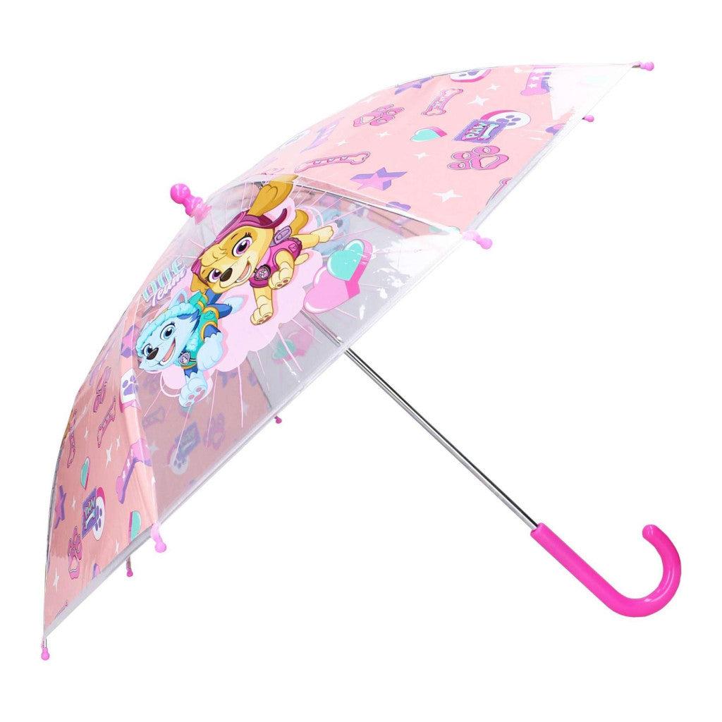 Kids Paw Patrol clear dome umbrella with pink handle and character artwork
