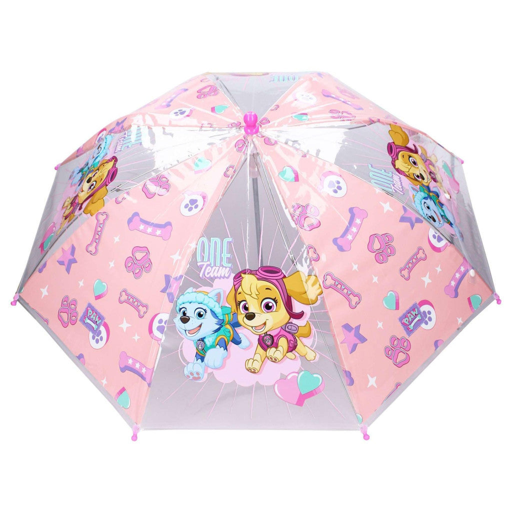 Kids Paw Patrol clear dome umbrella with pink handle, Skye and Everest scene