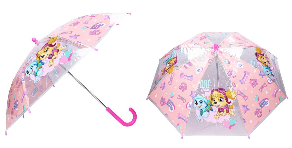 Kids Paw Patrol clear umbrella set, pink handles, character graphics
