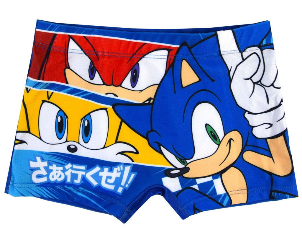 Sonic character print swim trunks, blue with multicolor comic graphic