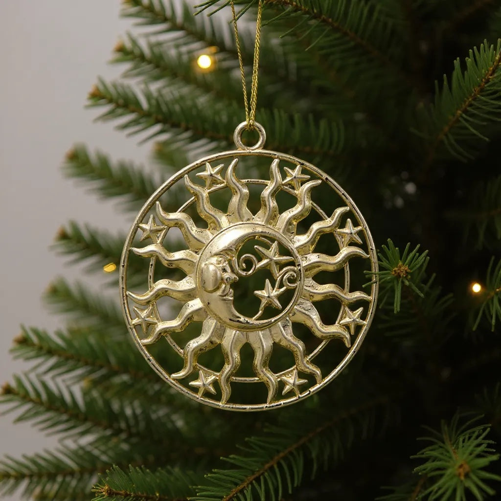 Sun & Moon Christmas Ornament | Celestial Metallic Décor in Gold, Silver & Antique | Set of 2 or 4