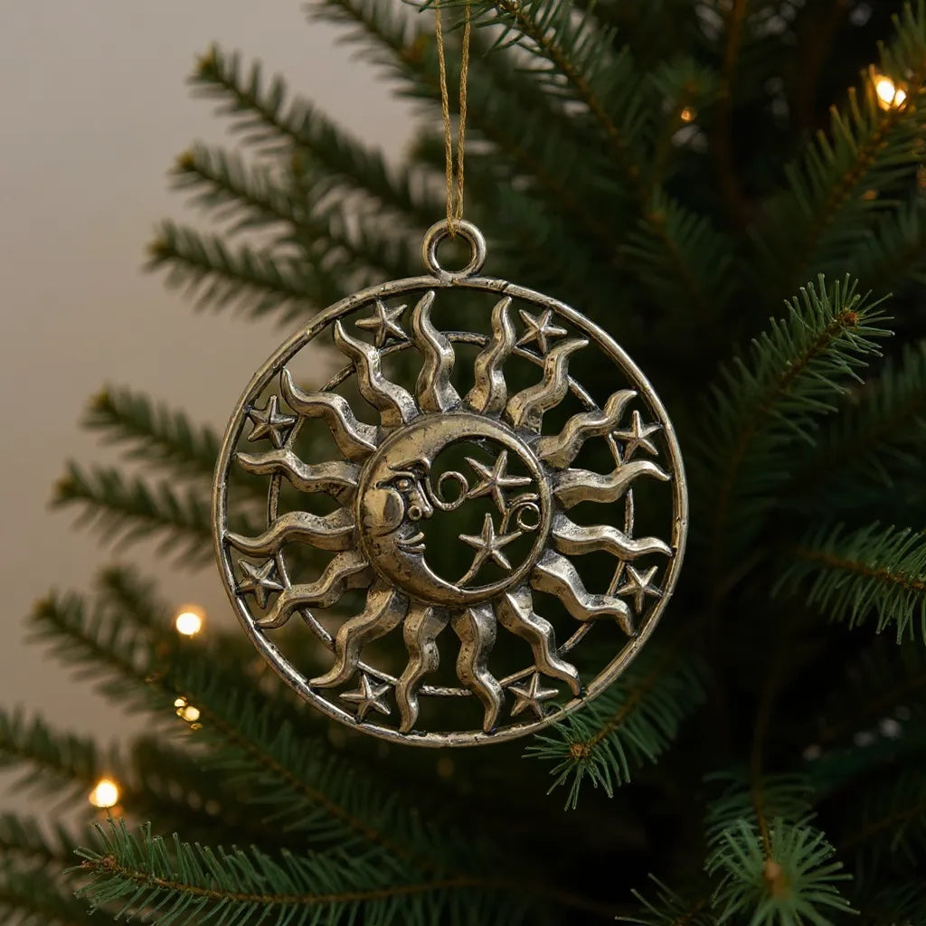 Sun & Moon Christmas Ornament | Celestial Metallic Décor in Gold, Silver & Antique | Set of 2 or 4