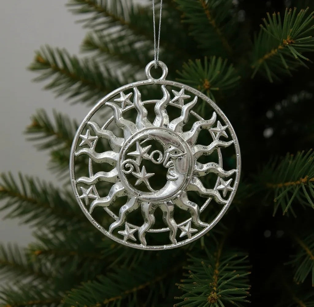 Sun & Moon Christmas Ornament | Celestial Metallic Décor in Gold, Silver & Antique | Set of 2 or 4