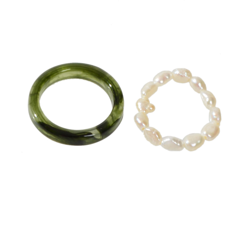 2pcs Pearl Elastic Retro Green Red Acrylic Ring
