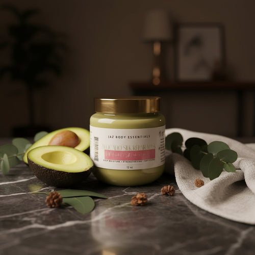 Avocado hair mask jar with pale yellow cream and gold lid