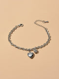 Anniversary Wedding Jewellery Silver Chain Rhinestone Decor Heart Charm Bracelet