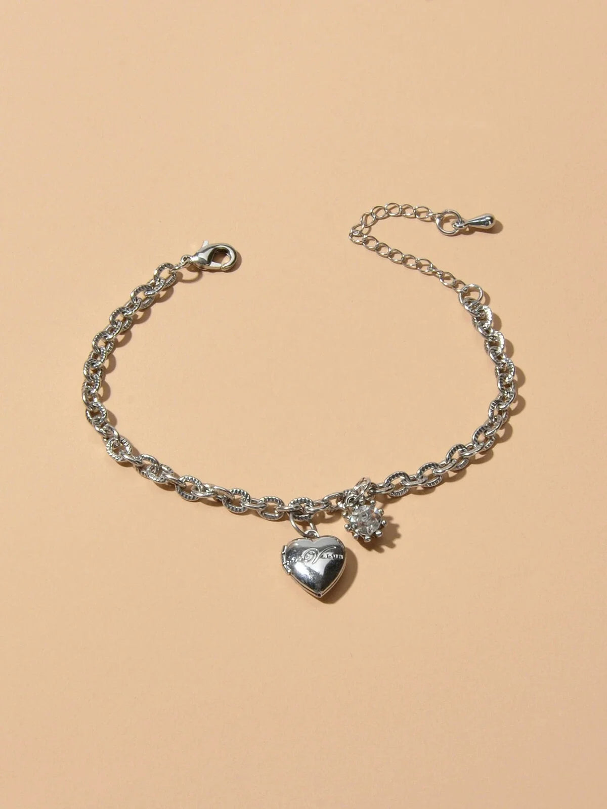 Anniversary Wedding Jewellery Silver Chain Rhinestone Decor Heart Charm Bracelet