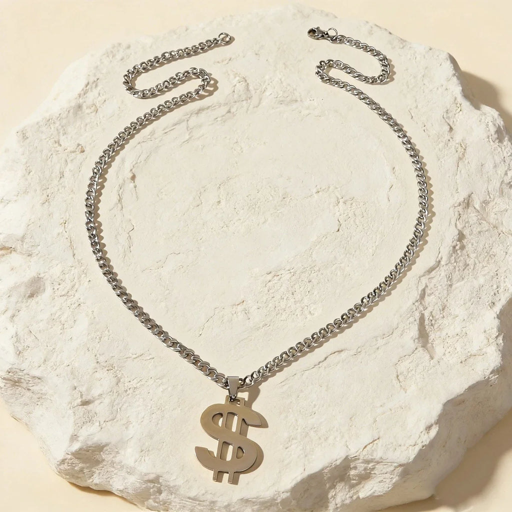 Silver-tone Cuban link chain necklace with large dollar sign pendant