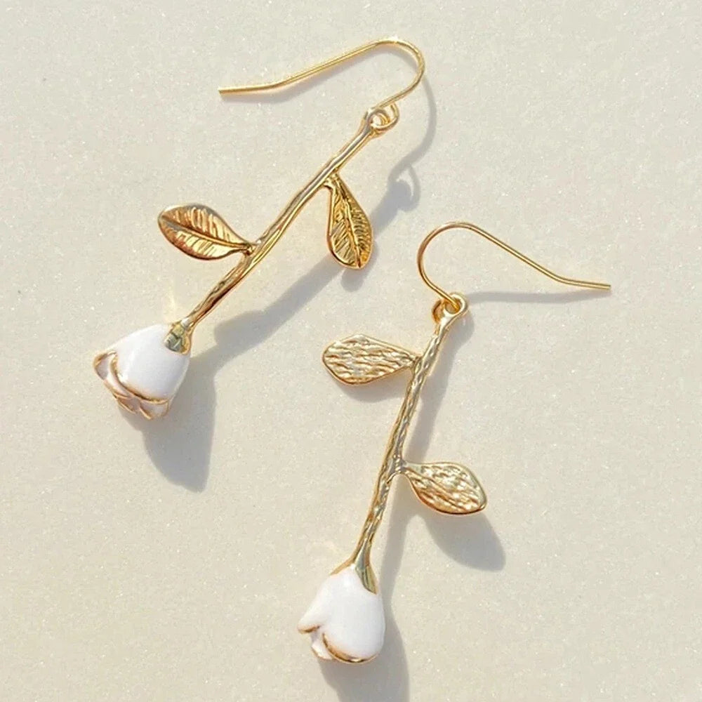 Textured Jewellery White Enamel Flower Gold Drop Earrings Fashion Accessories