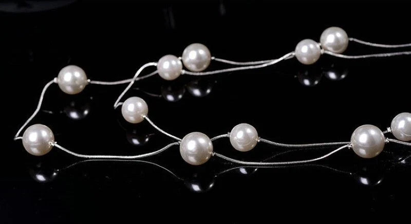 Double Layer Pearl Decor Gold Silver Chain Long Necklace Fashion Accessories