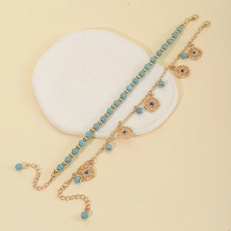 Turquoise Beads Double-Layered Anklet Round Pendant Boho Chic Foot Jewellery
