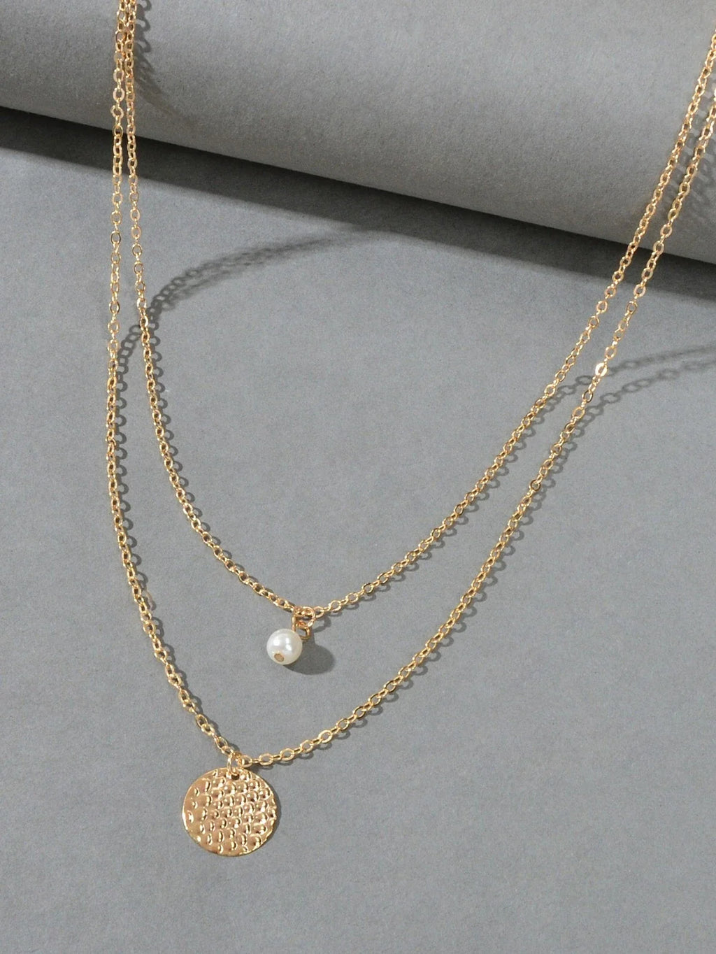 Female Layered Gold Chain Pearl Round Disc Pendant Necklace Party Accessories