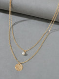 Female Layered Gold Chain Pearl Round Disc Pendant Necklace Party Accessories
