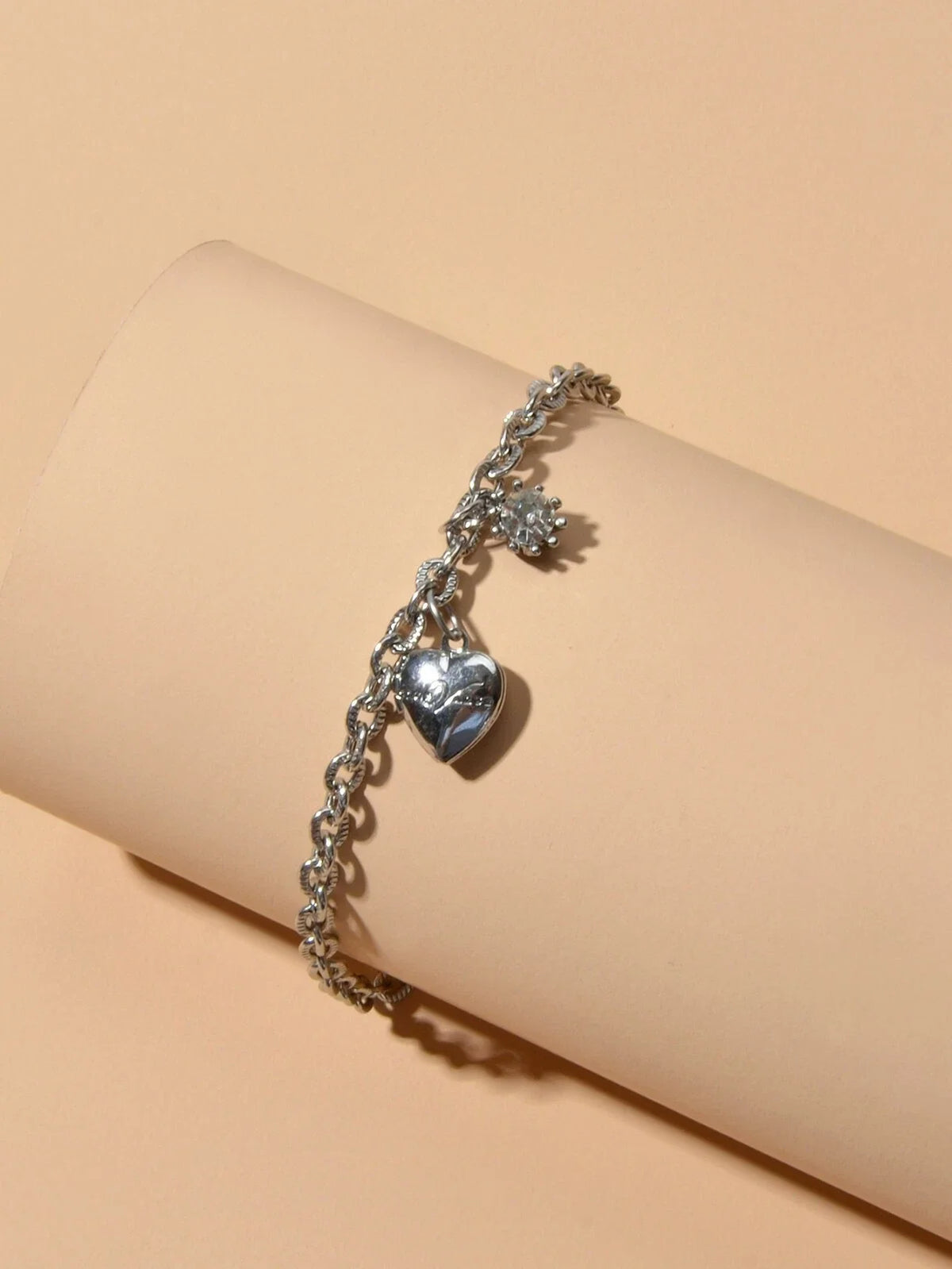 Anniversary Wedding Jewellery Silver Chain Rhinestone Decor Heart Charm Bracelet