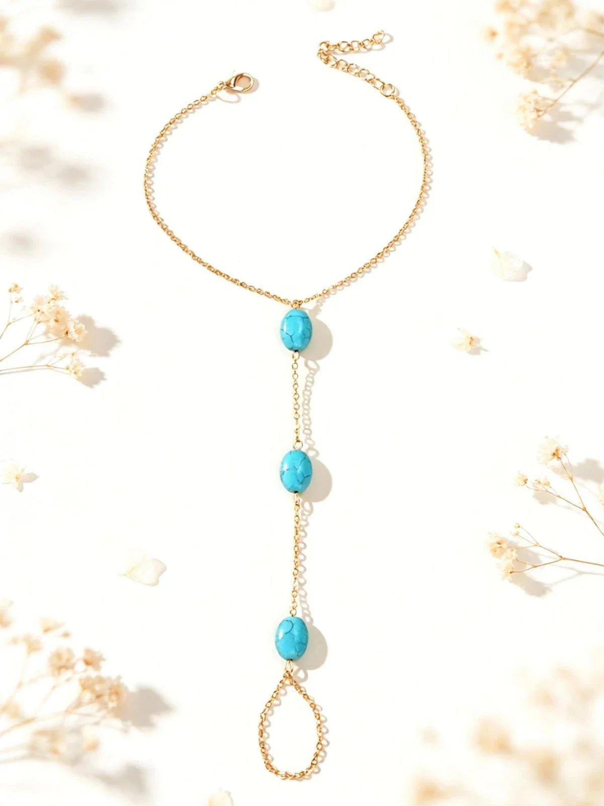 1 pc Bohemian Foot Beach Jewelry Gold Chain Turquoise Beads Anklet with Toe Ring
