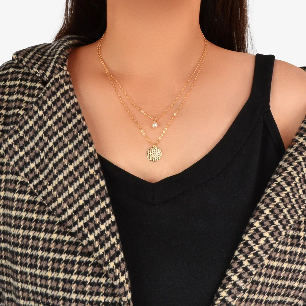 Female Layered Gold Chain Pearl Round Disc Pendant Necklace Party Accessories