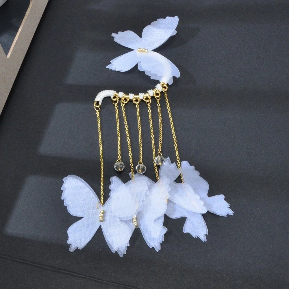 1pc Gold Tassel Chain White Handmade Butterfly Dangle Earring Ear Cuff Climber