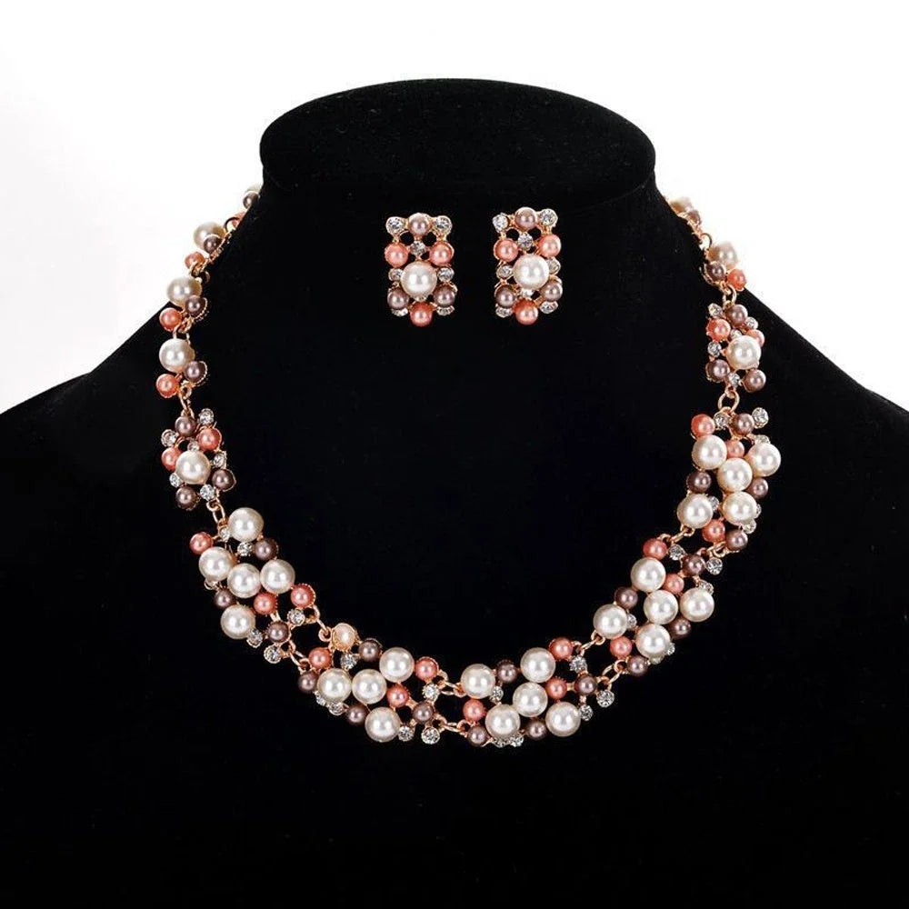 Pearl rhinestone necklace and stud earring set with pink, coral, and white pearls