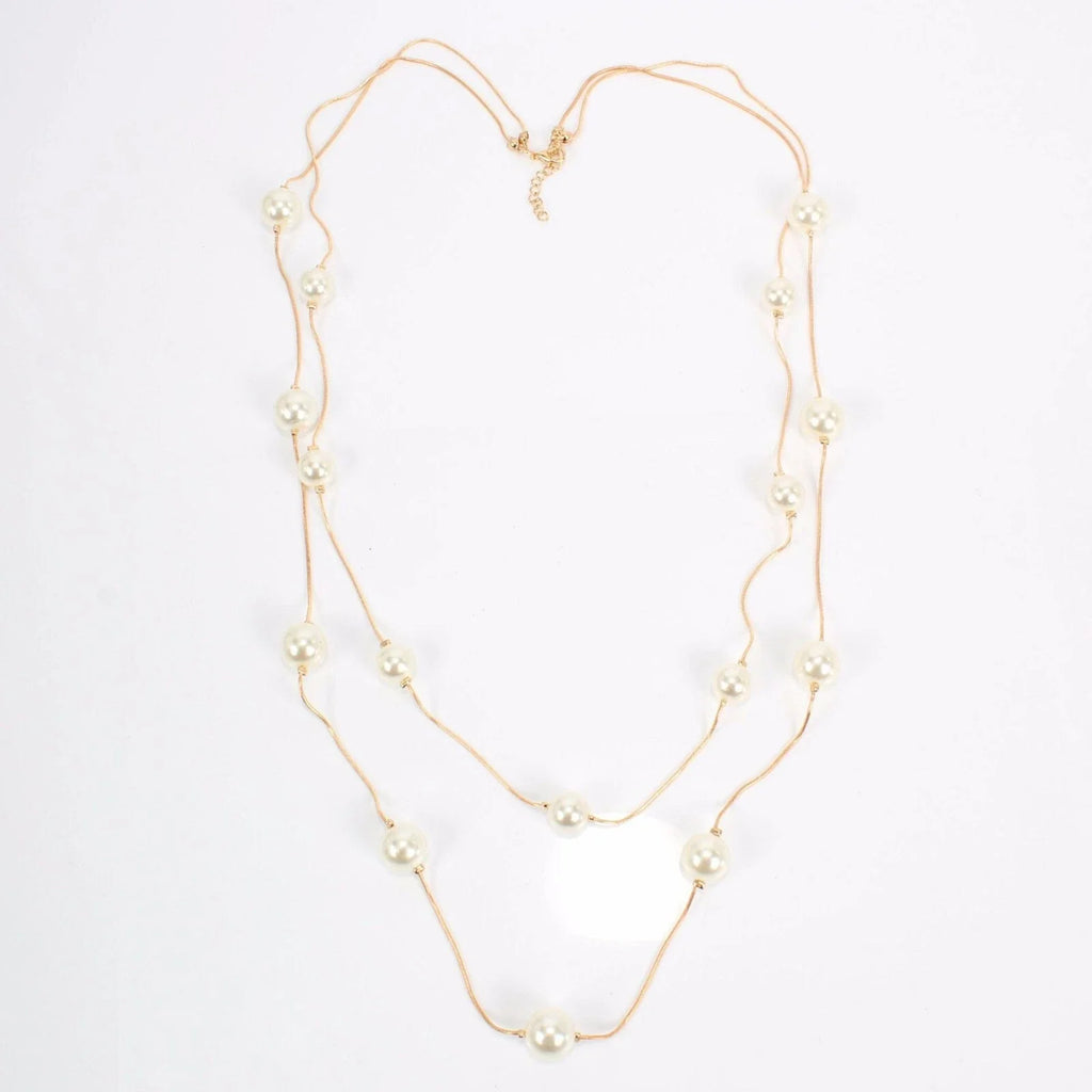 Double Layer Pearl Decor Gold Silver Chain Long Necklace Fashion Accessories