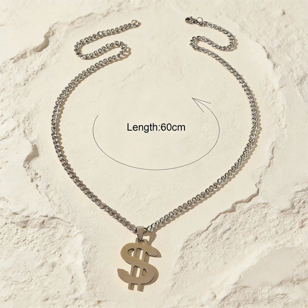 Silver-tone Cuban link chain necklace with dollar sign pendant, laid flat