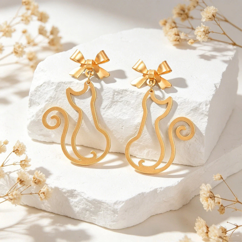 Kawaii Aesthetic Hollow Bow Tie Cat Dangle Earrings Animals Design Accessories