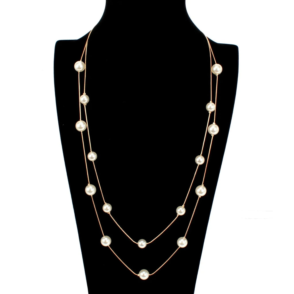 Double Layer Pearl Decor Gold Silver Chain Long Necklace Fashion Accessories