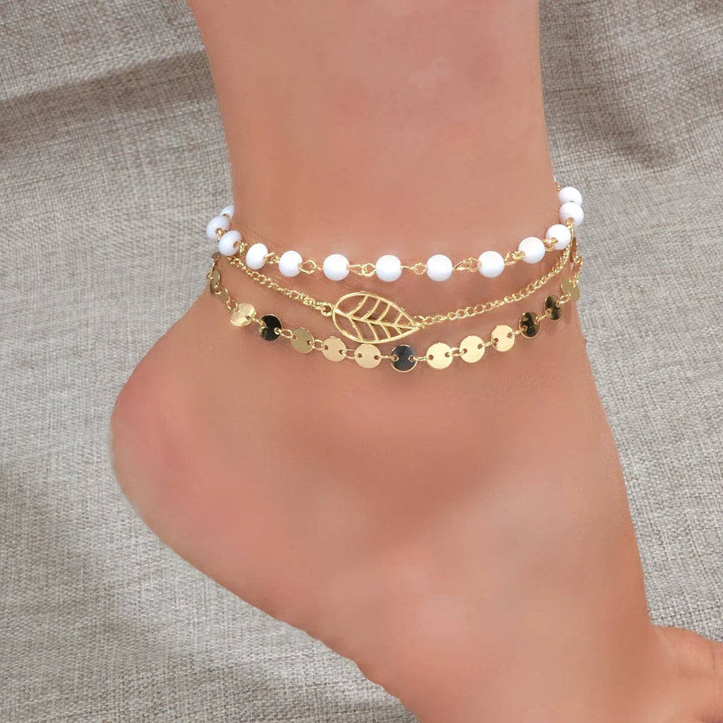 1 pc Foot Beach Jewellery Gold Silver Multi-layer Chain White Beads Leaf Anklet