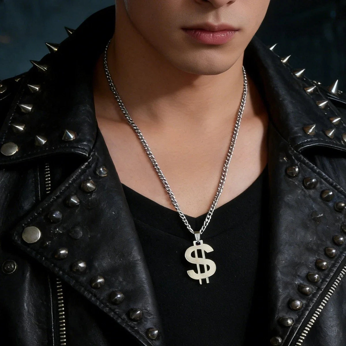 Silver-tone Cuban link chain necklace with dollar sign pendant, centered close-up